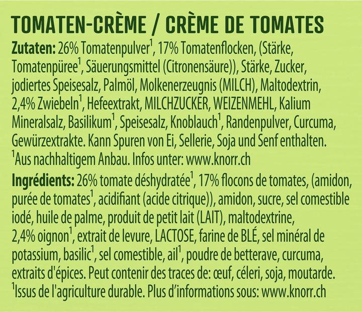 Valeurs nutritives et ingrédients Knorr Sachet de soupe à la crème de tomate, soupe de tomates mûries au soleil, facile à préparer
