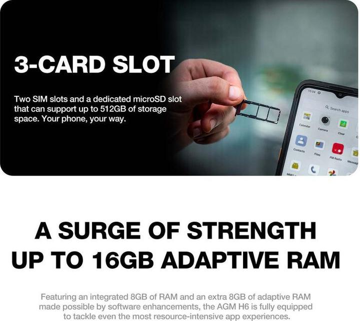 Actual product image Bea-Fon AGM MOBILE H6 Rugged smartphones (256 GB, Black, 6.56", Dual SIM, 50 Mpx, 4G)