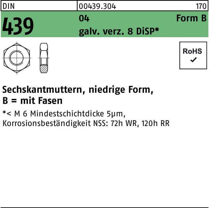 Sechskantmutter DIN 439 Form B BM 5 Automatenstahl galv. verzinkt 8 DiSP (M5)