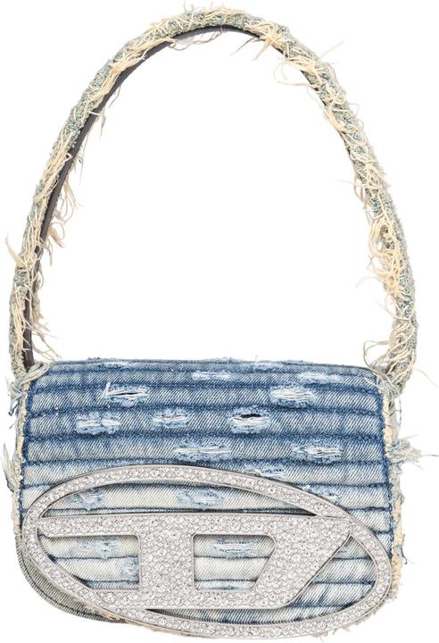 Actual product image Diesel 1dr denim canvas shoulder bag with crystal appliques