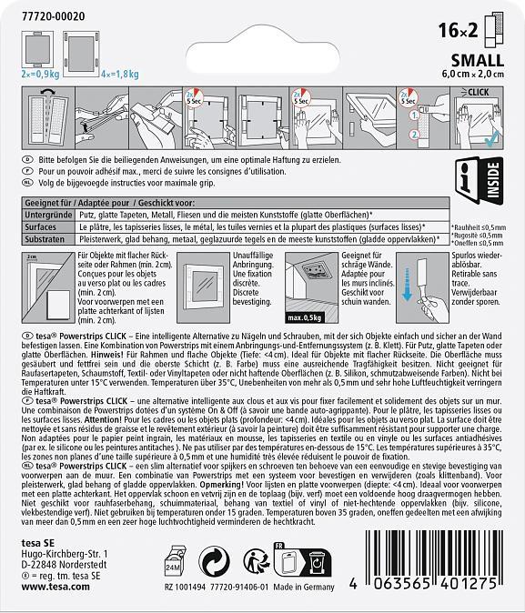 Nährwerte und Zutaten tesa Powerstrips CLICK - Klett-Klebepads - Bilder aufhängen ohne Bohren - Small 1,8kg - 16 x 2 Stück (1.80 kg)