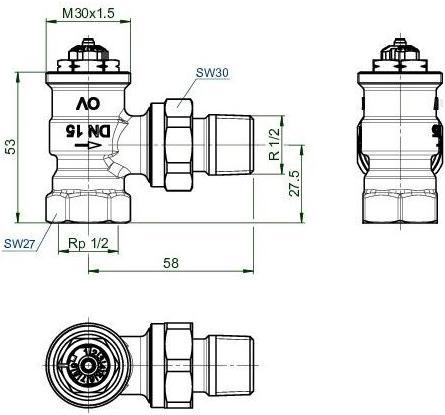 Actual product image Oventrop OV thermostatic valve series AV 9 M 30x1.5, PN 10, angle DN 15