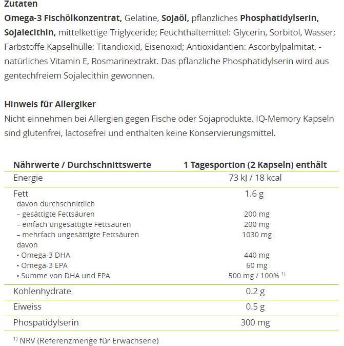 Nutritional values and ingredients Alpinamed IQ memory (1 Piece, Capsules, 120 g)