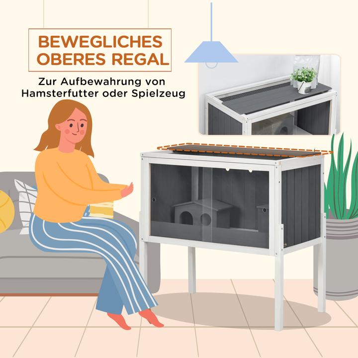 Produktbild PawHut Zwerghamster-Käfig Tannenholz, Metall Dunkelgrau