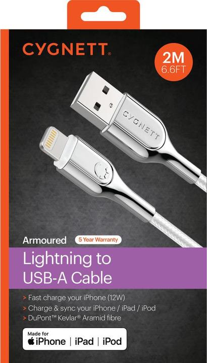 Image du produit Cygnett Câble blindé Lightning vers USB-A 2M -Wh (2 m, USB 3.0, 12 W)