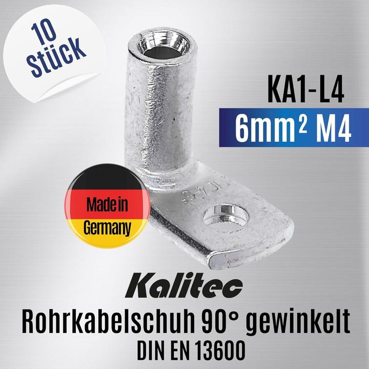 Actual product image Kalitec 10 pieces KA1-L4 Commercially available tubular cable lugs angled 6mm² M4 I without viewing hole I