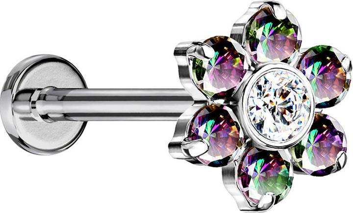 Immagine prodotto Star Piercing Micro Threadless Labret argento fiori cristalli scuri multicolore (Titanio G23, senza ottone)