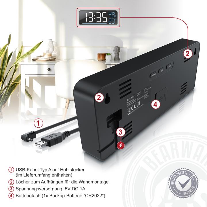 Produktbild Bearware Radiowecker digital, LED mit 2 Alarmzeiten, Grosses Display, Snooze, Temperatur & Luftfeuchtigkeit