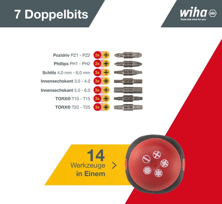 Image du produit Wiha Tournevis avec magasin d'embouts Stubby (Vis fendues, Clé Allen, Torx (TX), Cruciforme PZ, Recouvrement cruciforme Phillipps (PH))