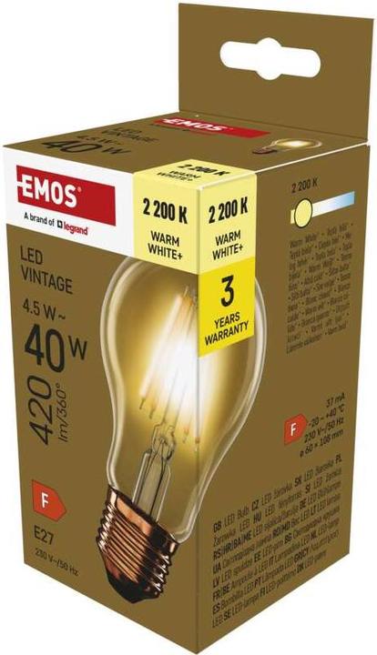 Emos Lampada LED vintage A60 / E27 / 4,5 W (40 W) / 420 lm / Bianco caldo (E27, 4.50 W, 420 lm, 1 x, F)