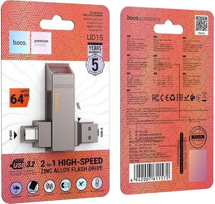 Produktbild Hoco Memory cards pendrive USB A + USB C UD15 64GB USB3.2 (64 GB, USB-A, USB-C)