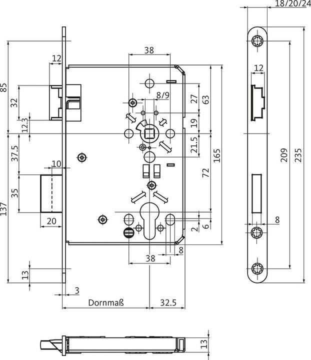 Actual product image BKS Object mortice lock 0715 PZ 20/ 55/72/8 mm DIN left stainless steel rounded class 4 (Mortise lock)