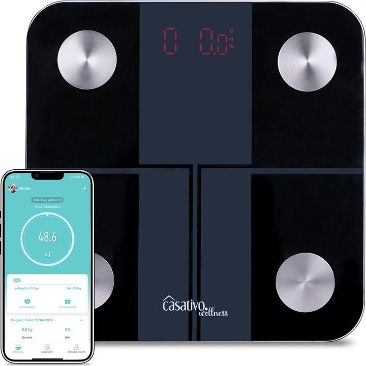 Casativo 14in1 Körperanalysewaage aus Glas mit Bluetooth, App & Nutzer-Erkennung (180 kg)