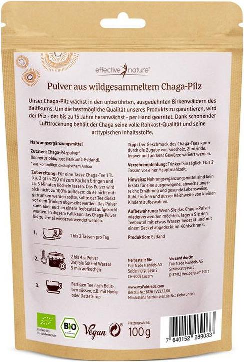 Nährwerte und Zutaten Effective Nature Chaga (1 Stück, Pulver, 100 g)