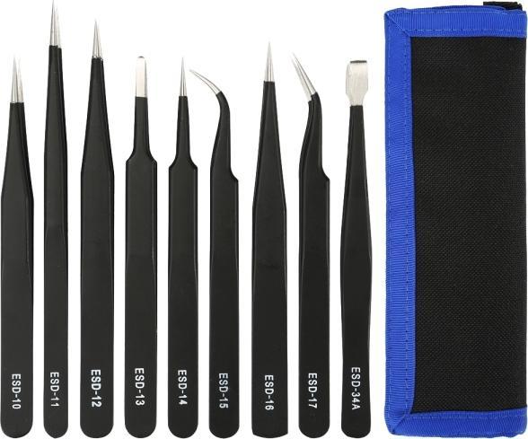 Immagine prodotto Deltacoimp Kit di pinzette Deltaco per elettronica/ESD, 9 parti - Nero