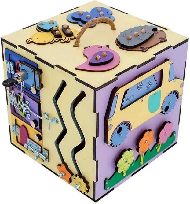 Produktbild Activity Board Aktivitätswürfel, Motorikwürfel holz gross, Montessori Lernspielzeug für Kinder - Reise, Gelb