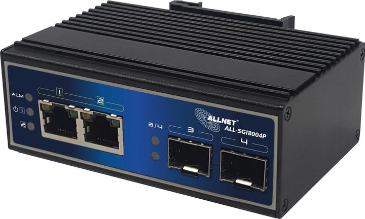 Produktbild Allnet switch unmanaged industrial 4 port gigabit 120w / 2x poe+ / 2x sfp / lüfterlos / din / ip40 (2 Ports)