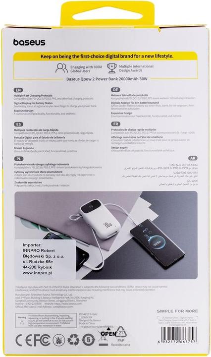 Actual product image Baseus Powerbank QPow 2 20000mAh 30W 2xUSB-C (white) (20000 mAh, 30 W, 30 Wh)