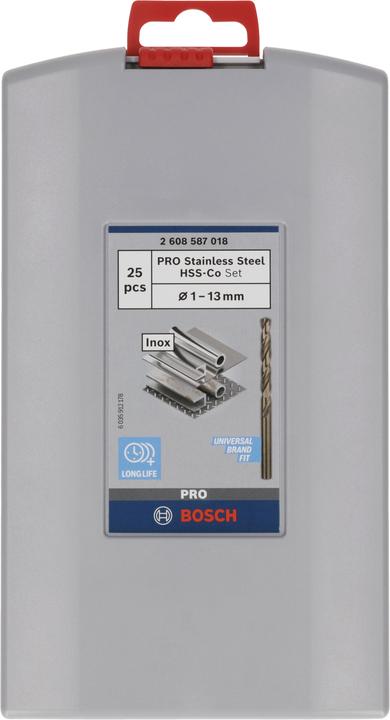 Produktbild Bosch Professional Zubehör PRO Stainless Steel HSS-Co Spiralbohrer-Set, 25-tlg. (1 mm, 1.5 mm, 2 mm, 2.5 mm, 3 mm, 3.5 mm, 4 mm, 4.5 mm, 5 mm, 5.5 mm, 6 mm, 6.5 mm, 7 mm, 7.5 mm, 8 mm, 8.5 mm, 9 mm, 9.5 mm, 10 mm, 10.5 mm, 11 mm, 11.5 mm, 12 mm, 12.5 mm, 13 mm)