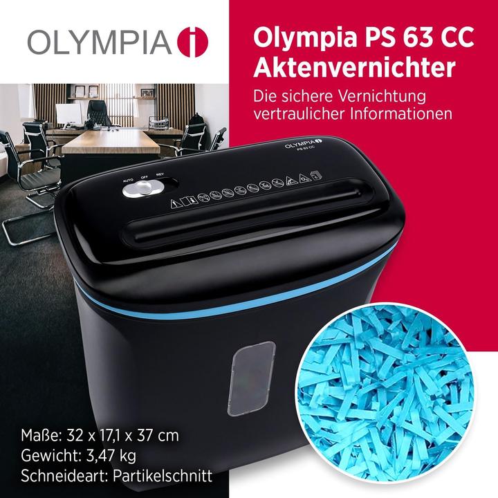 Produktbild Olympia PS 63 CC Aktenvernichter mit Partikelschnitt P-4, 4 x 30 mm, bis 6 Blatt, schwarz (Partikelschnitt)