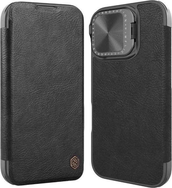 Actual product image Nillkin Qin Prop Leather Case with Camera Cover and Stand for iPhone 16 - Black (Apple iPhone 16)