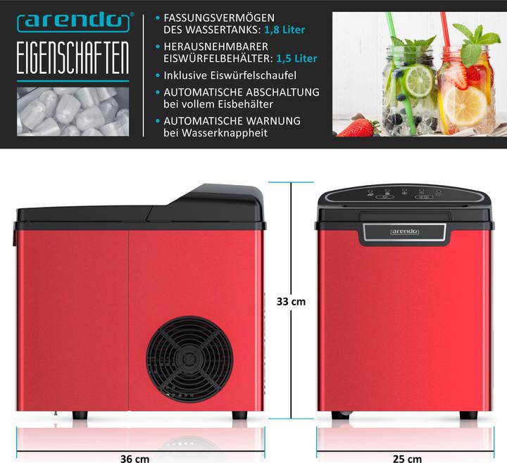 Produktbild Arendo Eiswürfelmaschine, 1,8 Liter Eiswürfelbereiter, 9 Eiswürfel in 8 Minuten, 105W Eiswürfelautomat, rot