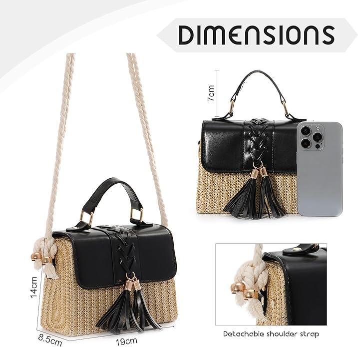 Image du produit Only-Bags.Store Sac à main en paille tressée avec décor de houppes, mini sac de plage à bandoulière, poignée en