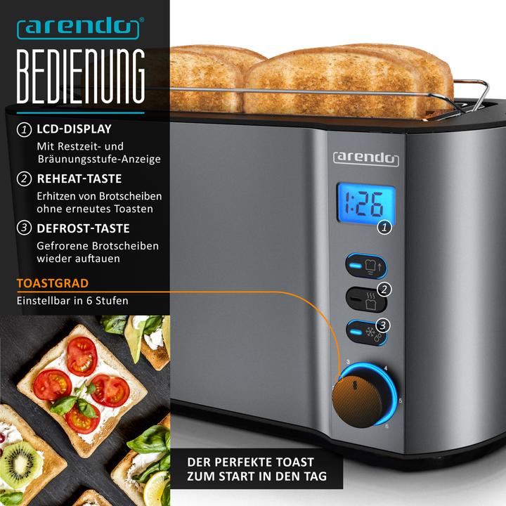 Produktbild Arendo Frühstücks Set, 4 Scheiben Langschlitz Toaster mit Brötchenaufsatz & Eierkocher für 6 Eier, Grau