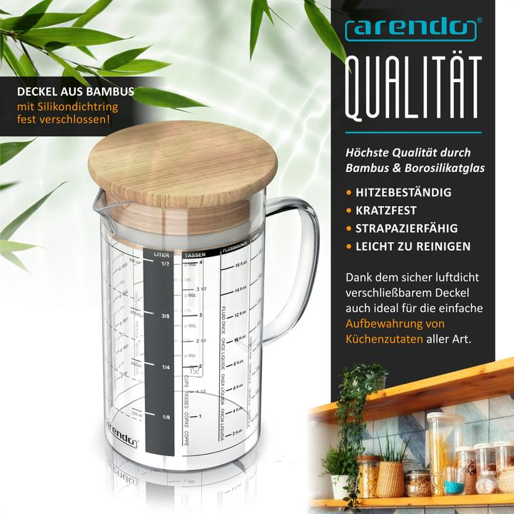 Produktbild Arendo Messbecher 500 ml aus Glas, 0,5 L, luftdicht, Bambusdeckel, Silikondichtung für Mehl, Zucker uvm. (500 ml)