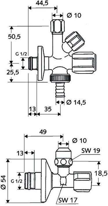 Produktbild Schell Comfort Armaturen Set Kombi-Eckventil und Eckventil 1/2 Zoll mit Rohrbelüfter - Chrom (10 868 06 99)