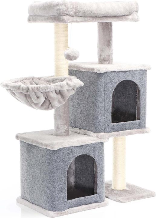 Fudajo Cat Tree Grey with Sisal 89.5cm Scratching Post with 2 Caves Scratch Tree with 2 Cat Houses (89.50 cm, Grey)