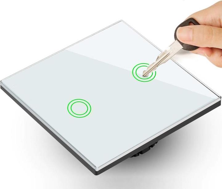 Actual product image Maclean Touch light switch, double, glass, white with round button Energy MCE704W, dimensions 86x86mm, with