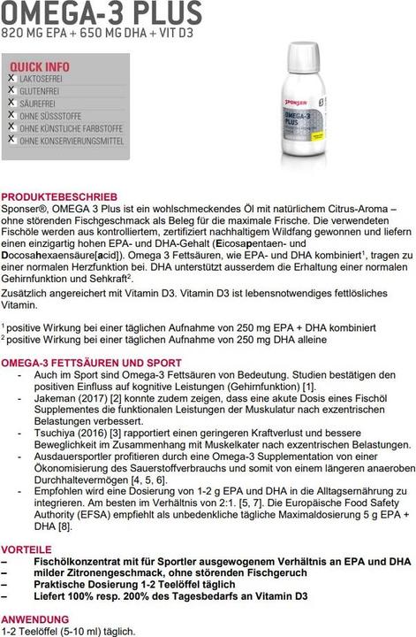 Nutritional values and ingredients Sponser Omega-3 Plus (1 Piece, Liquid, 180.26 g)
