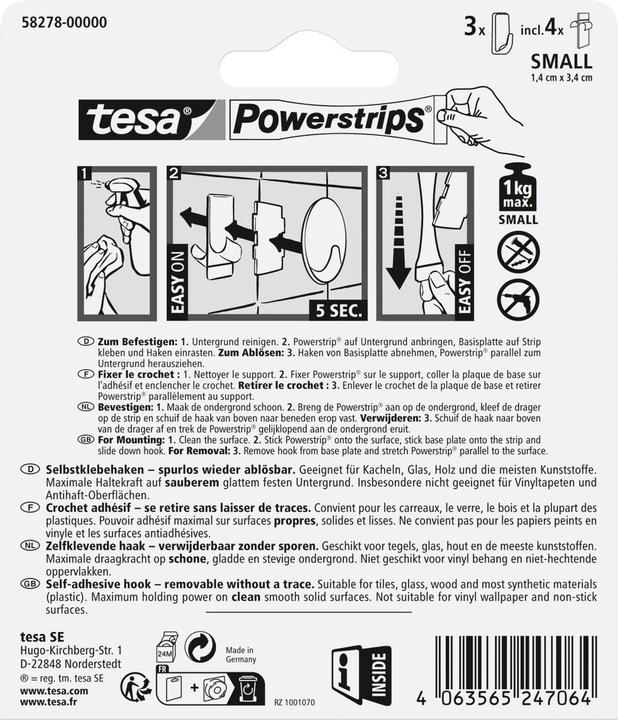 Actual product image tesa Powerstrips adhesive hooks SMALL square - 3 x self-adhesive wall hooks