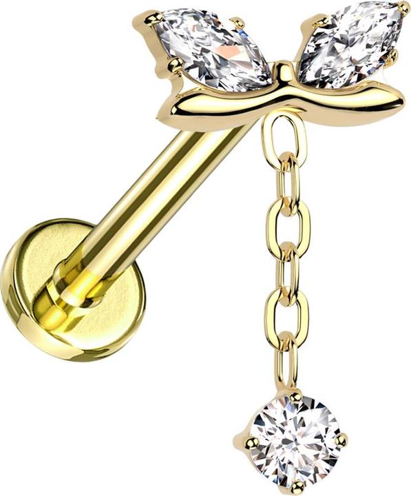 Hollywood Body Jewelry Micro Labret Innengewinde vergoldet geschwungener Balken zwei Ovale Kristalle silber Anhänger Kette (Titan G23, ohne Messing)