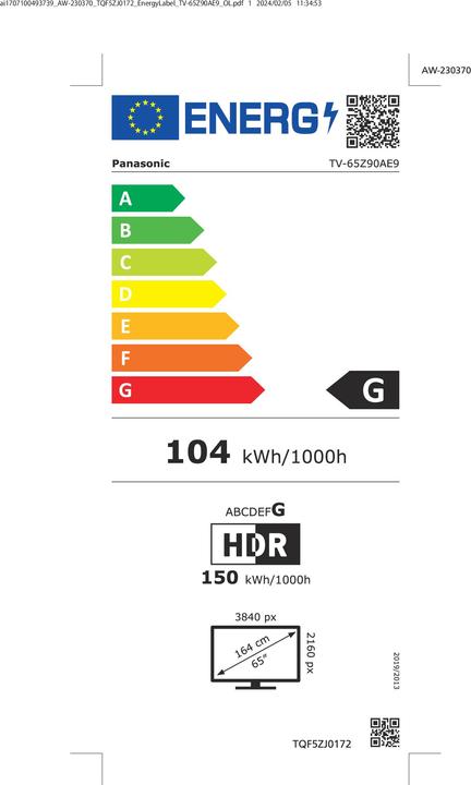 Etichetta energetica Panasonic TV-65Z90AE9 TV OLED Ultra HD HDR MASTER 65 (164 cm) FOS (65", OLED, 4K)