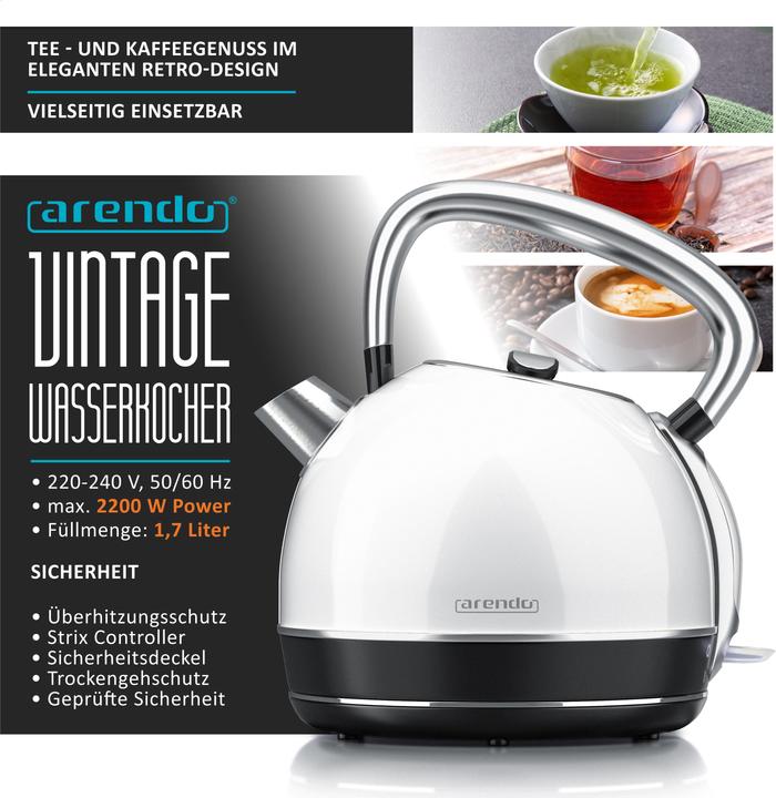 Produktbild Arendo Wasserkocher 1,7 l, 2200 W, Edelstahl, Retro Style, Vintage, Überhitzungs & Trockenkochschutz, weiss (1.70 l)