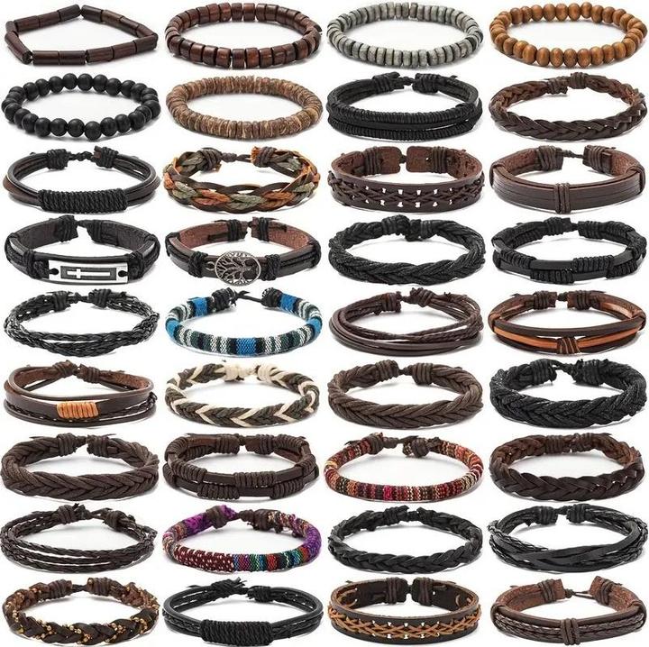 Cbx 36 Stück Leder Armbänder Mix Styles Grösse verstellbar, handgemachte Armbänder (Kunstleder, Holz und Baumwolle)