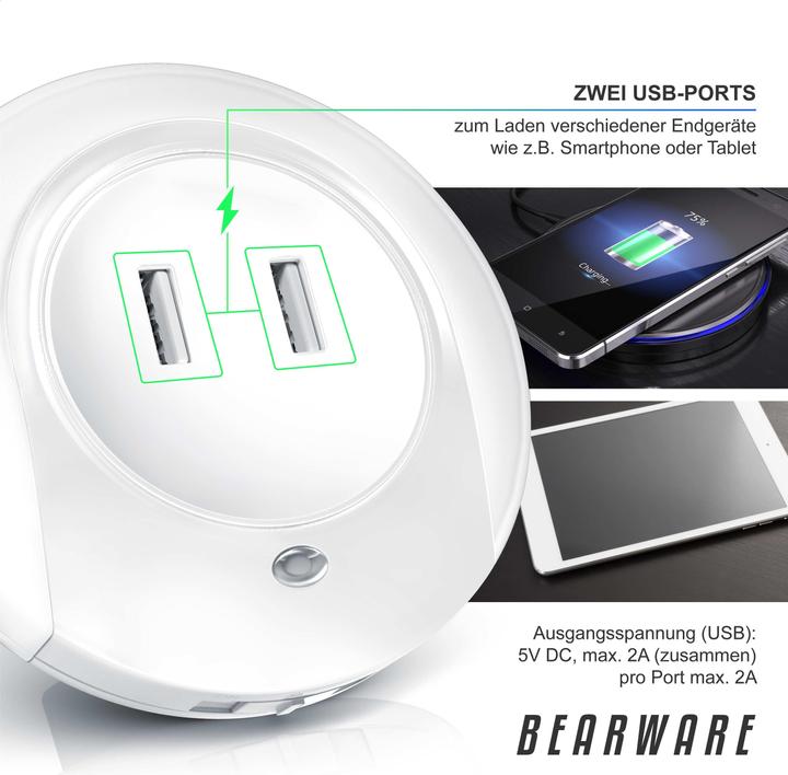 Produktbild Bearware LED Nachtlicht mit USB Ladefunktion warmweiss, Nachtlampe mit Helligkeits & Dämmerungssensor
