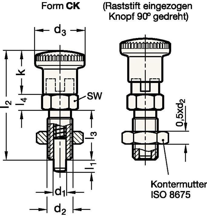Produktbild Ganter Rastbolzen GN 817 d1 10 mm d2 M 16 x 1,5 mm l1 12 mm Stahl, ohne Rastsperre, mit Kontermutter (Türknopf)