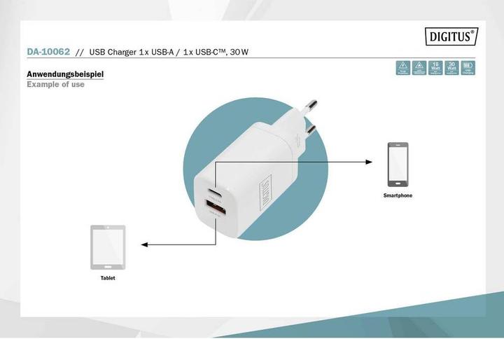 Actual product image Digitus USB Charger 1x USB-A / 1x USB-C, 30W (30 W)