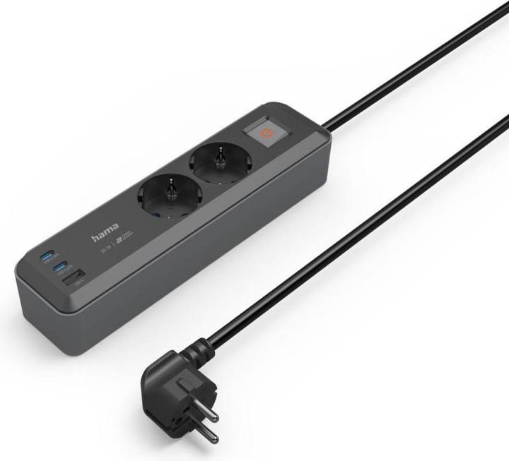 Actual product image Hama Power strip, 2-way, USB-C/A 65W, PD, switch, 1.4 m, black/grey (2 x, CEE 7/3, 1.40 m)