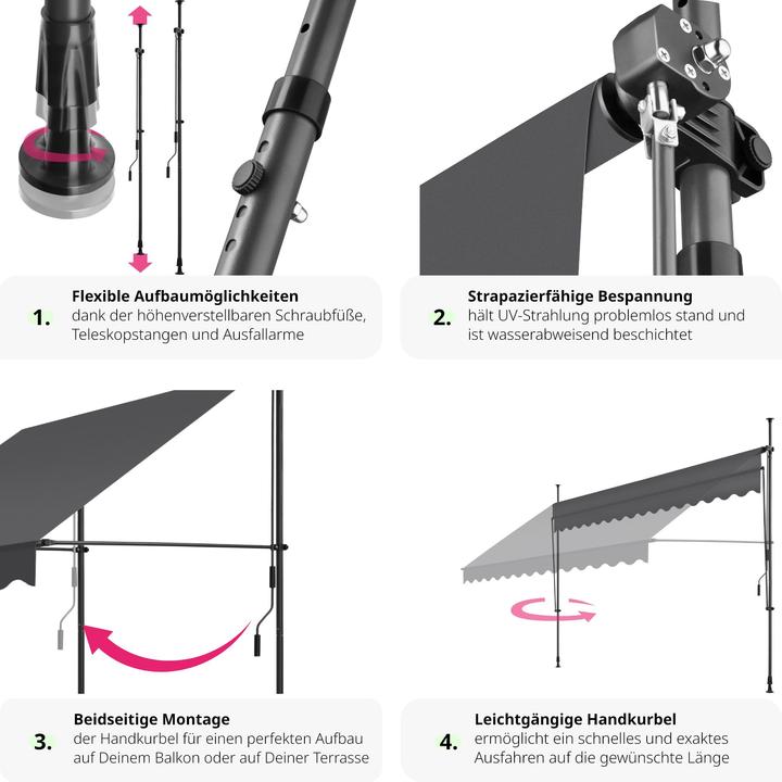 Produktbild tectake Klemmmarkise mit Handkurbel, höhenverstellbar (3.50 m)