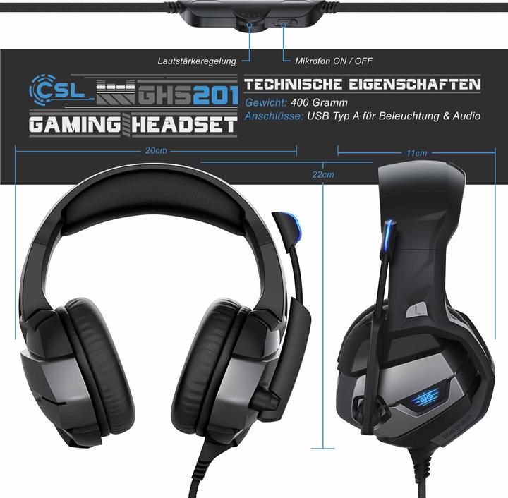 Actual product image CSL Gaming headset, USB, microphone, LED lighting, headphones for Windows, Mac, PS3, PS4, PS4 Pro, PS5 (Cable)