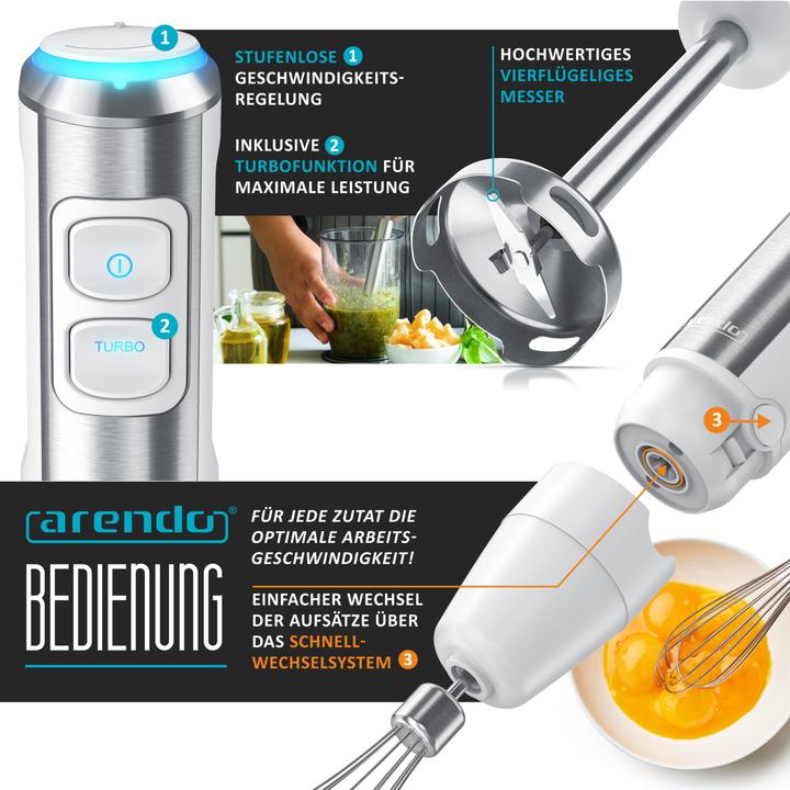Produktbild Arendo Stabmixer 1200W weiß, Edelstahlmixer-Set inkl. Messbecher, Zerkleinerer, Schneebesen, Gleichstrommot