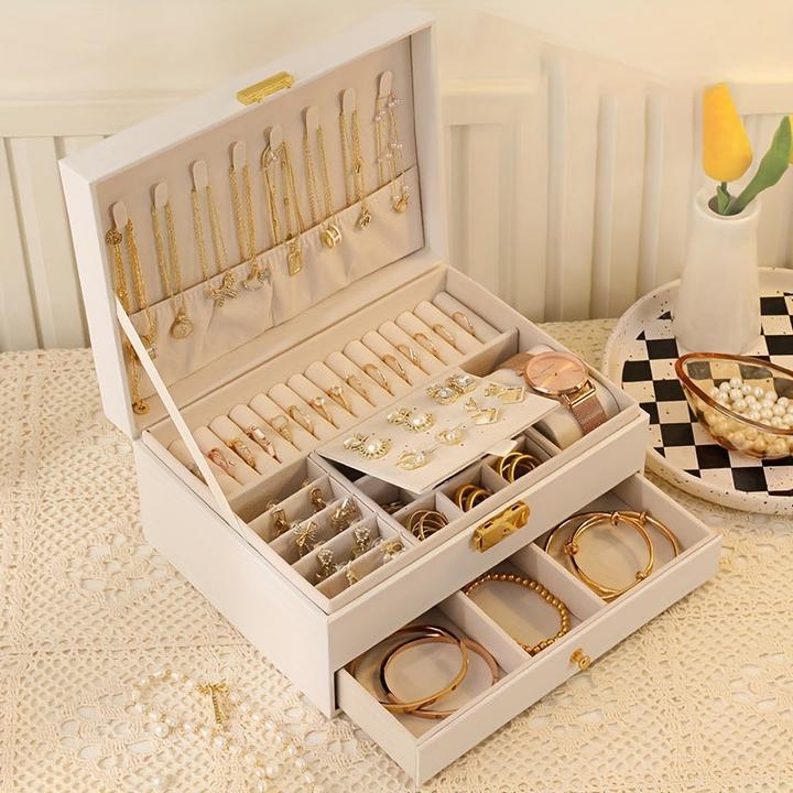 Produktbild Only-Bags.Store Leder-Schmuck-Organizer: Zweischichtiger Schmuckkasten mit herausnehmbaren Fächern für Halsketten