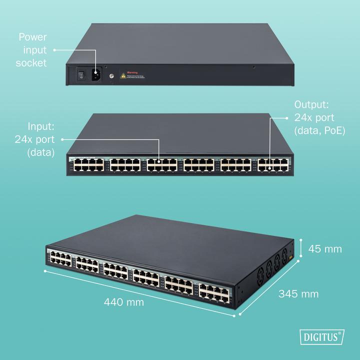 Produktbild Digitus 24 port gigabit PoE+ injector (802.3at (PoE+), 802.3af (PoE), 370 W)