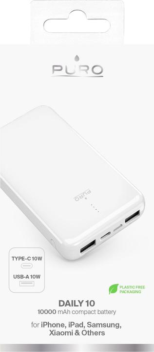 Actual product image Puro Baltas Fast Charger 10000 mAh 2 x USB-A + 1 x USB-C balta (10000 mAh, 10 W)