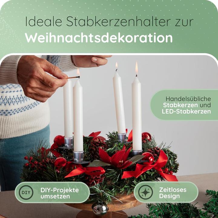 Produktbild Novaliv 4x Stabkerzenhalter Adventskranz SILBER mit Teller Kerzenteller zum Stecken rund Kerzenpick