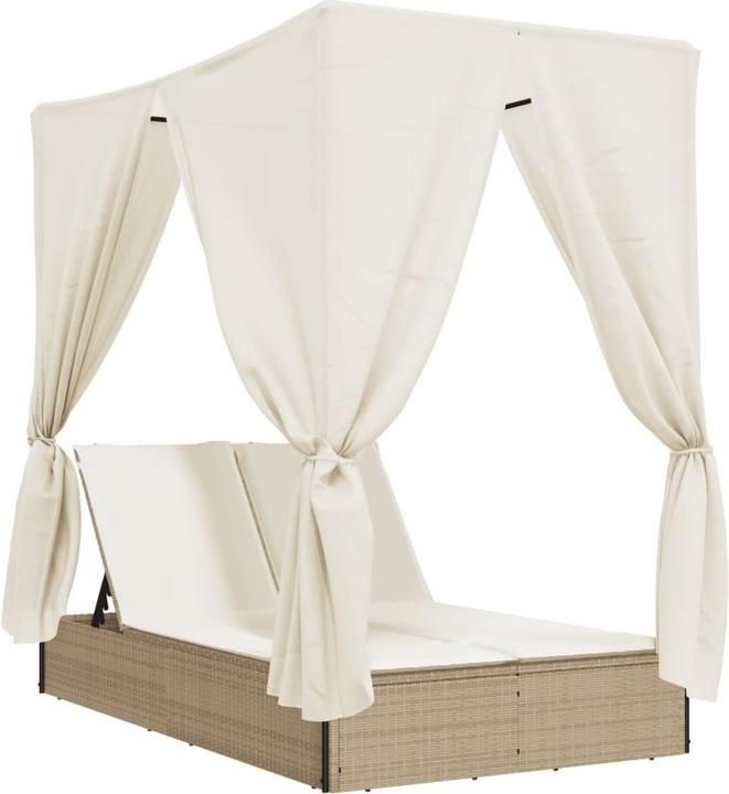 Produktbild VidaXL Doppelliege Sonnenliege Gartenliege mit Dach Vorhängen Beige Poly Rattan (114 cm)